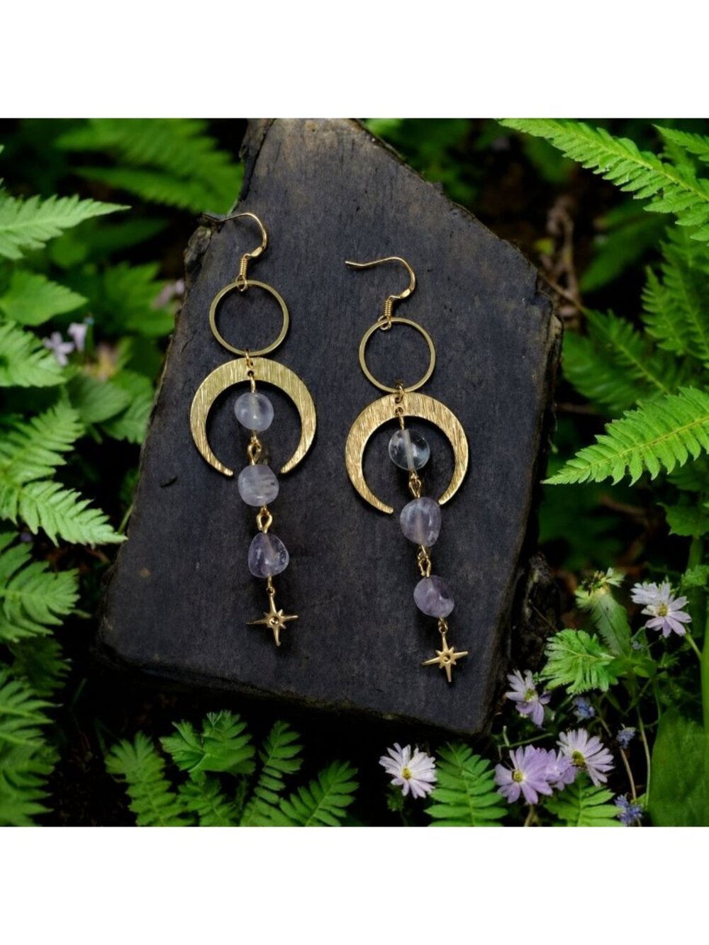Amethyst Moon Earrings, Celestial Gemstone Dangle Earrings, Gold Crescent Moon